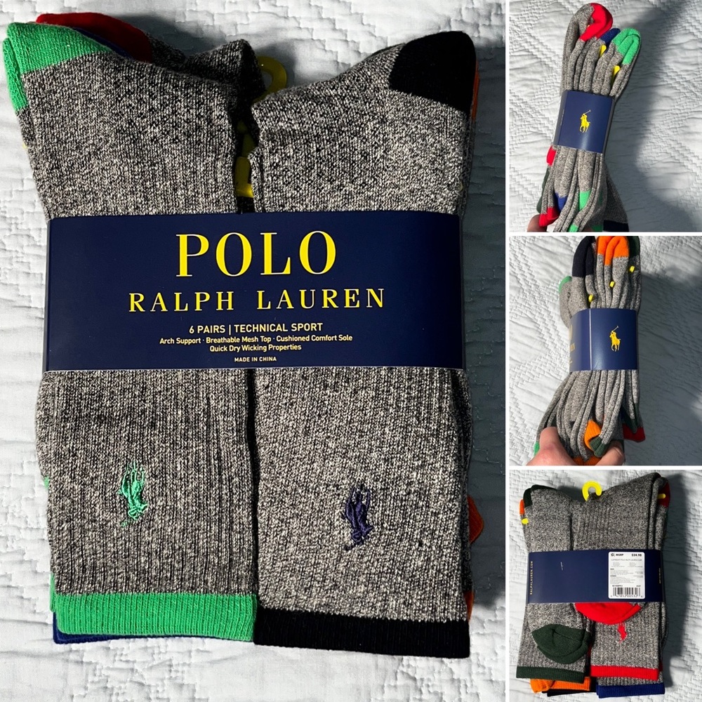 $29 Men’s 6 PACK POLO RALPH LAUREN TECHNICAL SPORT CUSHIONED SOLE CREW SOCKS